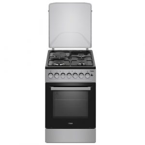 MIKA Standing Cooker, 50cm x 60cm, 3 Gas Pipe Burners + 1 RAPID Hot Plate, Button Ignition, 3 Function Electric Oven, Black Hob, Silver Body