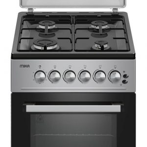 MIKA Standing Cooker, 50cm x 60cm, 4 Gas Pool Jet Burners, Button Ignition, Gas Oven 1 Burner, Black Hob, Silver Body