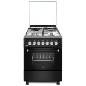 MIKA Standing Cooker, 58cm x 58cm, 3 Gas Pool Jet Burners + 1 RAPID Hot Plate, FLAME FAILURE SAFETY, Button Ignition, 4 Function Electric Oven, Rotisserie, Stainless Steel Hob, Matt Black Body