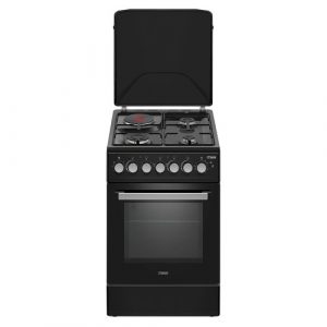 MIKA Standing Cooker, 50cm x 60cm, 3 Gas Pipe Burners + 1 RAPID Hot Plate, Button Ignition, 3 Function Electric Oven, Full Black
