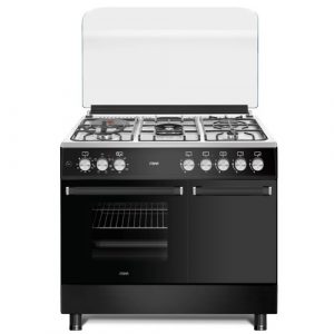MIKA Standing Cooker, 90cm x 60cm, 4 Gas Pool Jet Burners (1 Wok) + 1 RAPID Hot Plate, FLAME FAILURE SAFETY, Auto Ignition, 6 Function Electric Oven (Convection Fan), GAS CYLINDER CABINET, Rotisserie, Stainless Steel Hob, Matt Black Body