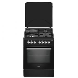 MIKA Standing Cooker, 60cm x 60cm, 3 Gas Pool Jet Burners + 1 RAPID Hot Plate, Auto Ignition, 4 Function Electric Oven, Rotisserie, Full Black
